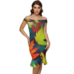 Leaves Foliage Autumn Nature Forest Fall Off Shoulder Ruffle Split Hem Bodycon Dress by Uceng