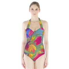 Leaves Foliage Autumn Branch Trees Nature Forest Halter Swimsuit by Uceng