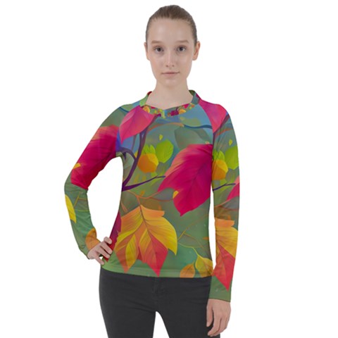 Leaves Foliage Autumn Branch Trees Nature Forest Women s Pique Long Sleeve Tee by Uceng