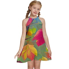 Leaves Foliage Autumn Branch Trees Nature Forest Kids  Halter Collar Waist Tie Chiffon Dress by Uceng