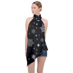 Christmas Snowflake Seamless Pattern With Tiled Falling Snow Halter Asymmetric Satin Top