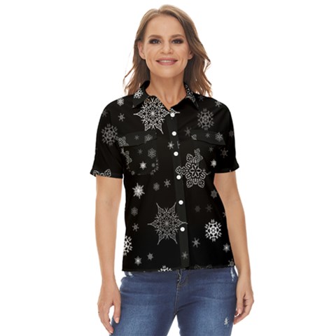 Christmas Snowflake Seamless Pattern With Tiled Falling Snow Women s Short Sleeve Double Pocket Shirt by Uceng