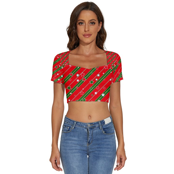 Christmas Paper Star Texture Short Sleeve Square Neckline Crop Top 