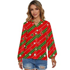 Christmas Paper Star Texture Women s Long Sleeve Button Down Shirt