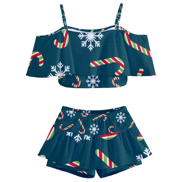 Christmas Seamless Pattern With Candies Snowflakes Kids  Off Shoulder Skirt Bikini