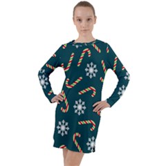 Christmas Seamless Pattern With Candies Snowflakes Long Sleeve Hoodie Dress by Uceng