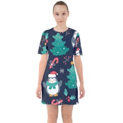 Colorful Funny Christmas Pattern Sixties Short Sleeve Mini Dress by Uceng