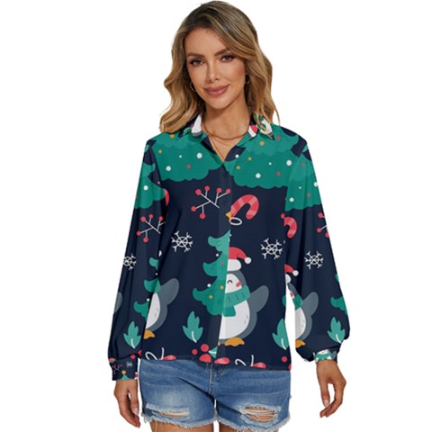 Colorful Funny Christmas Pattern Women s Long Sleeve Button Down Shirt by Uceng