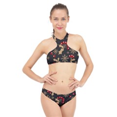 Christmas Pattern With Snowflakes Berries High Neck Bikini Set by Uceng