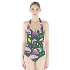 Dinosaur Colorful Funny Christmas Pattern Halter Swimsuit by Uceng