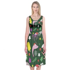 Dinosaur Colorful Funny Christmas Pattern Midi Sleeveless Dress by Uceng