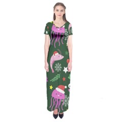 Dinosaur Colorful Funny Christmas Pattern Short Sleeve Maxi Dress by Uceng