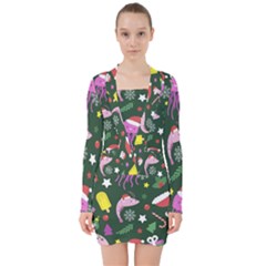 Dinosaur Colorful Funny Christmas Pattern V-neck Bodycon Long Sleeve Dress by Uceng