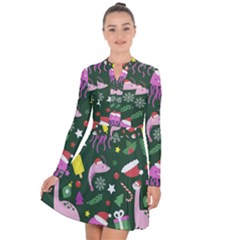 Dinosaur Colorful Funny Christmas Pattern Long Sleeve Panel Dress by Uceng