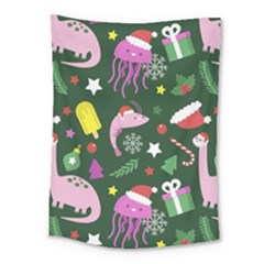 Dinosaur Colorful Funny Christmas Pattern Medium Tapestry by Uceng