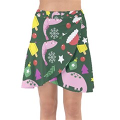 Dinosaur Colorful Funny Christmas Pattern Wrap Front Skirt by Uceng