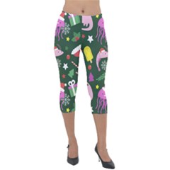 Dinosaur Colorful Funny Christmas Pattern Lightweight Velour Capri Leggings  by Uceng