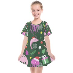 Dinosaur Colorful Funny Christmas Pattern Kids  Smock Dress by Uceng