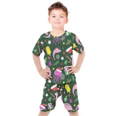 Dinosaur Colorful Funny Christmas Pattern Kids  Tee And Shorts Set by Uceng