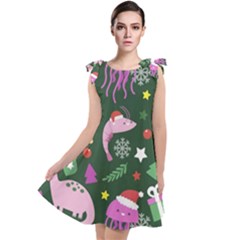 Dinosaur Colorful Funny Christmas Pattern Tie Up Tunic Dress by Uceng