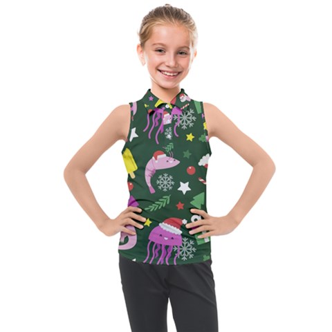 Dinosaur Colorful Funny Christmas Pattern Kids  Sleeveless Polo Tee by Uceng