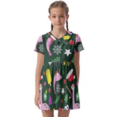 Dinosaur Colorful Funny Christmas Pattern Kids  Asymmetric Collar Dress by Uceng