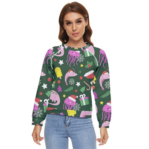 Dinosaur Colorful Funny Christmas Pattern Women s Long Sleeve Raglan Tee by Uceng