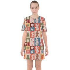 Cute Christmas Seamless Pattern Vector  - Sixties Short Sleeve Mini Dress by Uceng