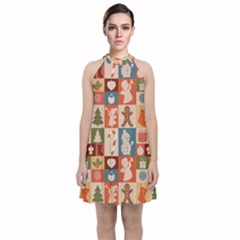 Cute Christmas Seamless Pattern Vector  - Velvet Halter Neckline Dress  by Uceng