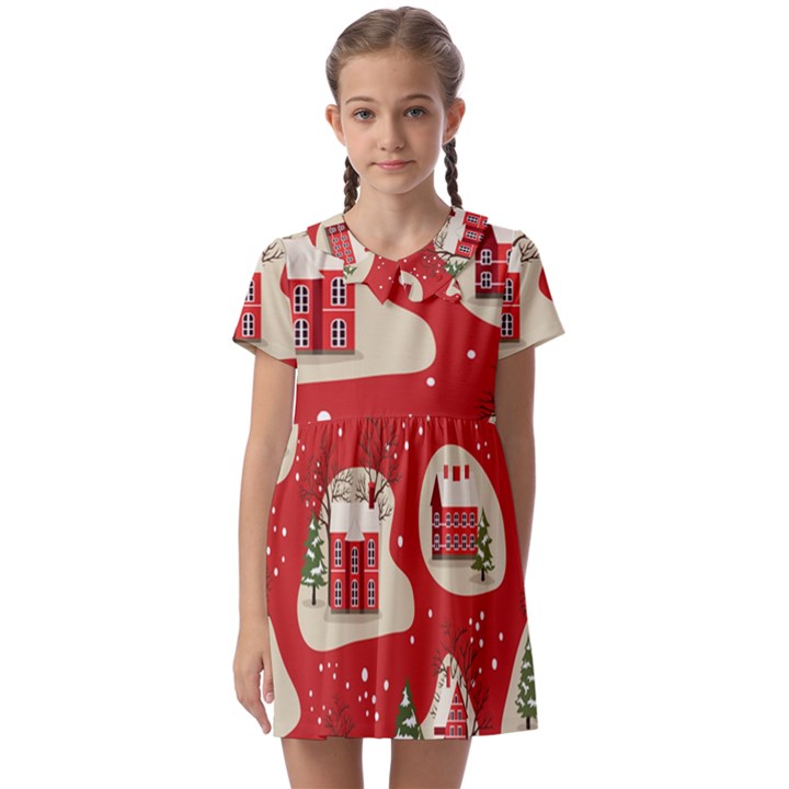 Christmas New Year Seamless Pattern Kids  Asymmetric Collar Dress