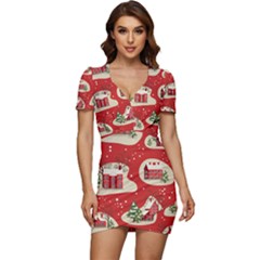 Christmas New Year Seamless Pattern Low Cut Cap Sleeve Mini Dress