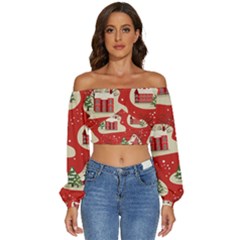 Christmas New Year Seamless Pattern Long Sleeve Crinkled Weave Crop Top by Uceng