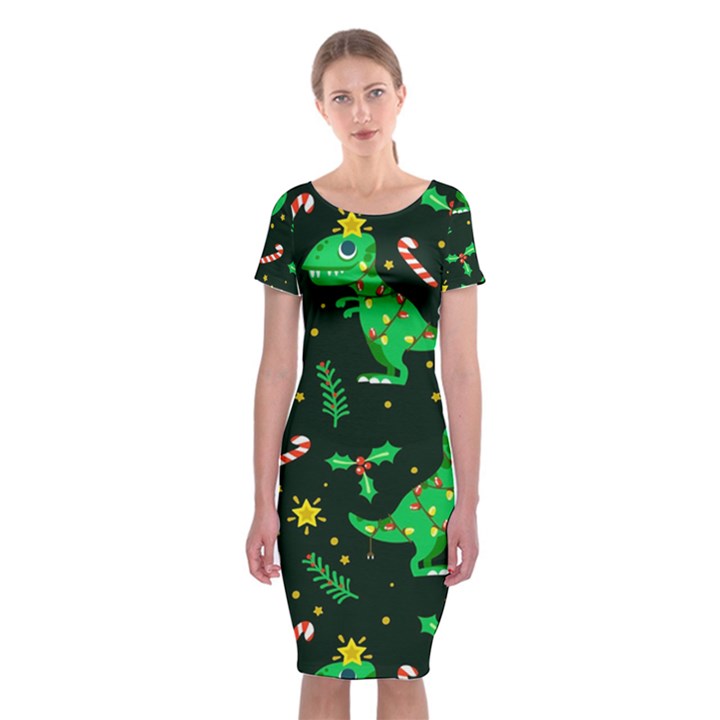 Christmas Funny Pattern Dinosaurs Classic Short Sleeve Midi Dress