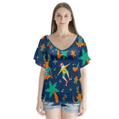 Colorful Funny Christmas Pattern V-neck Flutter Sleeve Top by Uceng