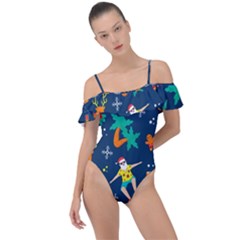 Colorful Funny Christmas Pattern Frill Detail One Piece Swimsuit