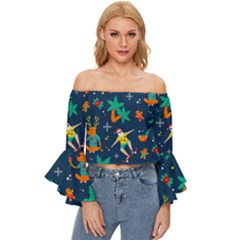 Colorful Funny Christmas Pattern Off Shoulder Flutter Bell Sleeve Top by Uceng