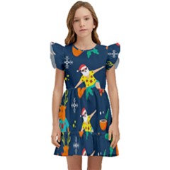 Colorful Funny Christmas Pattern Kids  Winged Sleeve Dress