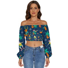 Colorful Funny Christmas Pattern Long Sleeve Crinkled Weave Crop Top