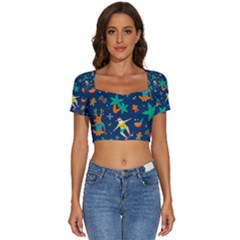 Colorful Funny Christmas Pattern Short Sleeve Square Neckline Crop Top 