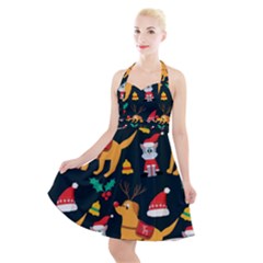 Funny Christmas Pattern Background Halter Party Swing Dress 