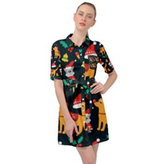 Funny Christmas Pattern Background Belted Shirt Dress