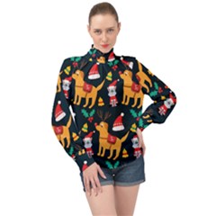 Funny Christmas Pattern Background High Neck Long Sleeve Chiffon Top by Uceng