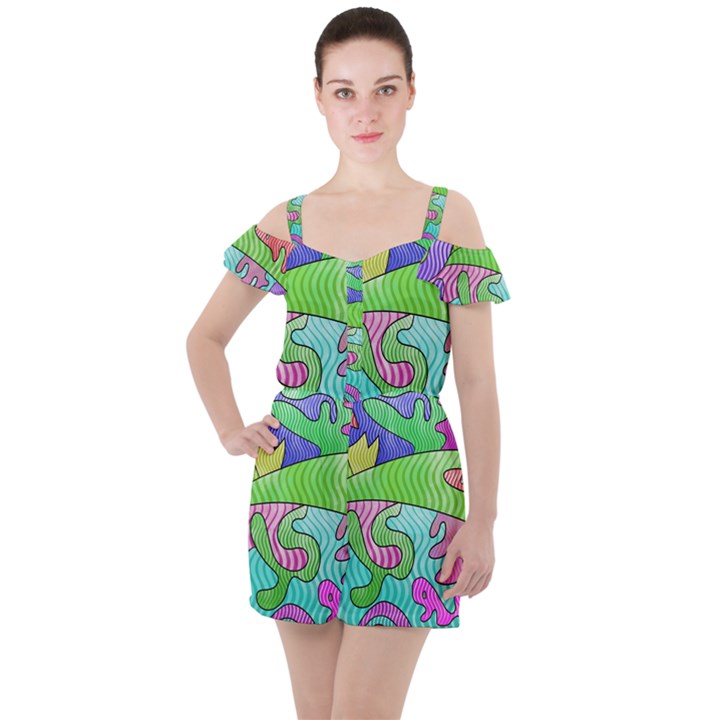 Colorful stylish design Ruffle Cut Out Chiffon Playsuit