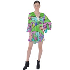 Colorful Stylish Design V-neck Flare Sleeve Mini Dress by gasi