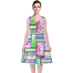 Colorful Pattern V-neck Midi Sleeveless Dress  by gasi