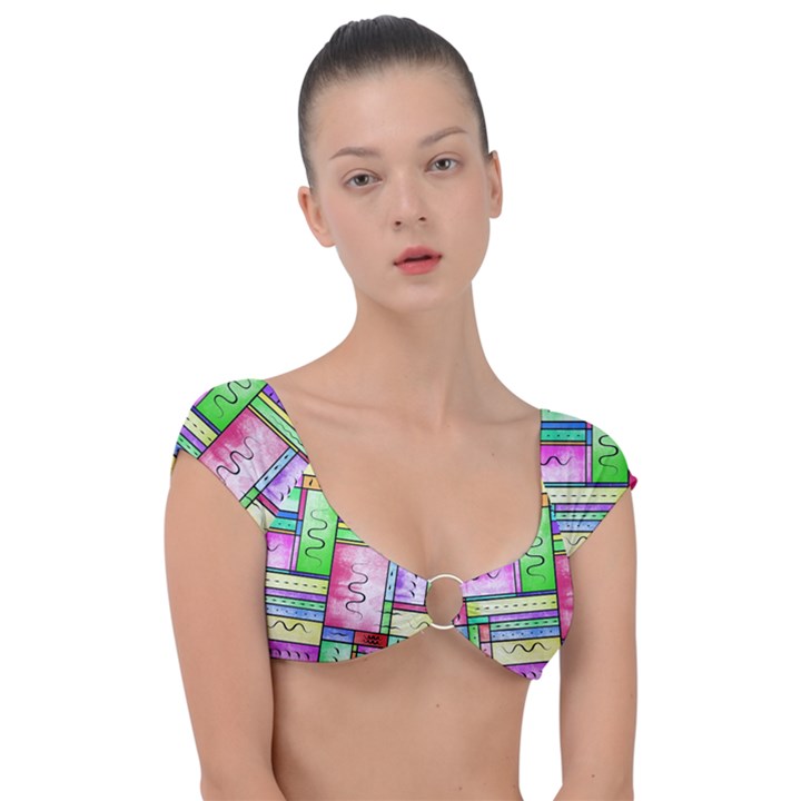 Colorful pattern Cap Sleeve Ring Bikini Top