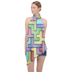 Colorful Stylish Design Halter Asymmetric Satin Top by gasi