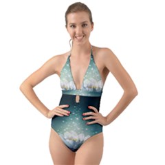 Sparkle Lotus Halter Cut-out One Piece Swimsuit by Sparkle