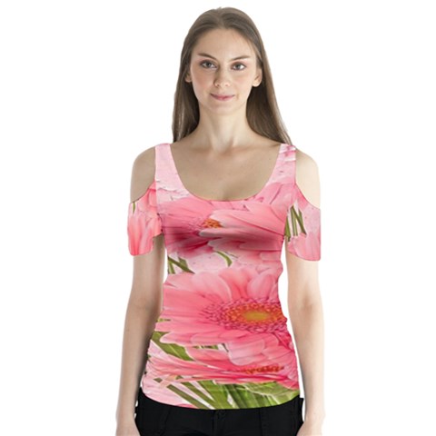 Nature Flowers Butterfly Sleeve Cutout Tee  by Sparkle