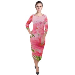 Nature Flowers Quarter Sleeve Midi Velour Bodycon Dress